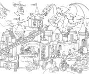 Coloriage Les personnages de Playmobil protègent leur château du dragon