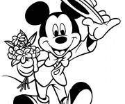 Coloriage et dessins gratuit Mickey tient un bouquet de fleurs à imprimer