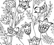 Coloriage et dessins gratuit Adulte Fleurs Lotus et Oiseaux à imprimer