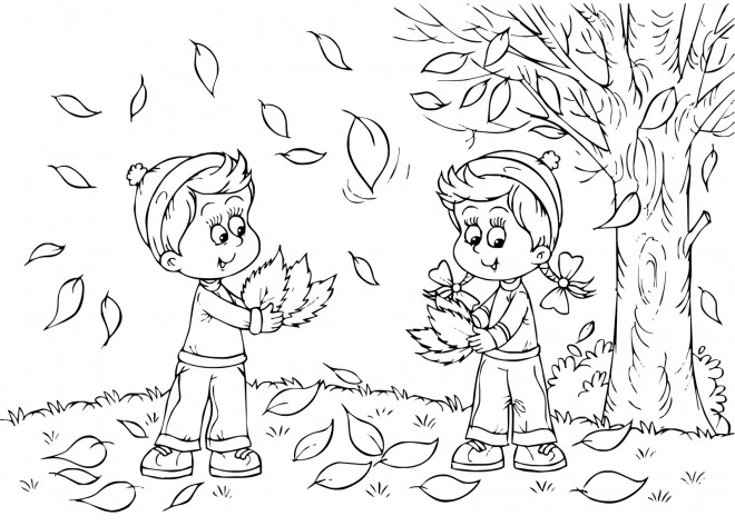 Coloriage Enfants collectent les feuilles d'arbres